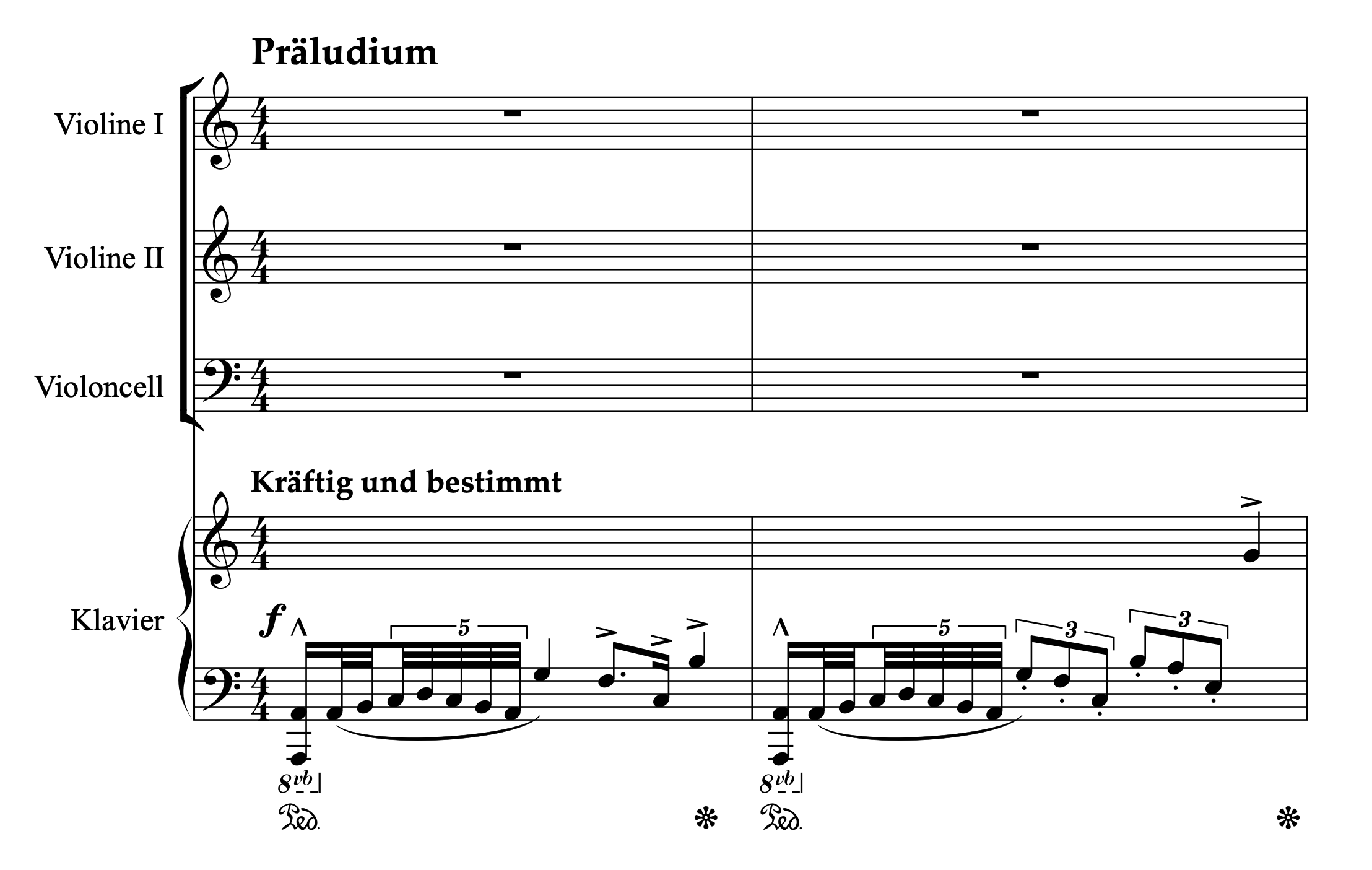 コルンゴルト「2つのヴァイオリン、チェロと左手ピアノのための組曲 Op.23 第1楽章」1-2小節
