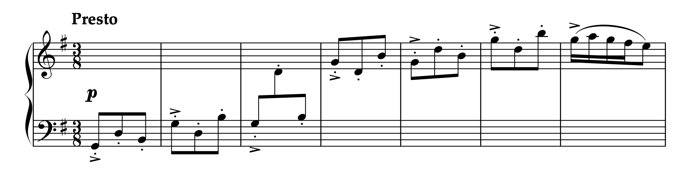 サン＝サーンス「左手のための6つの練習曲 Op.135 より ジーク」冒頭部分の楽譜。