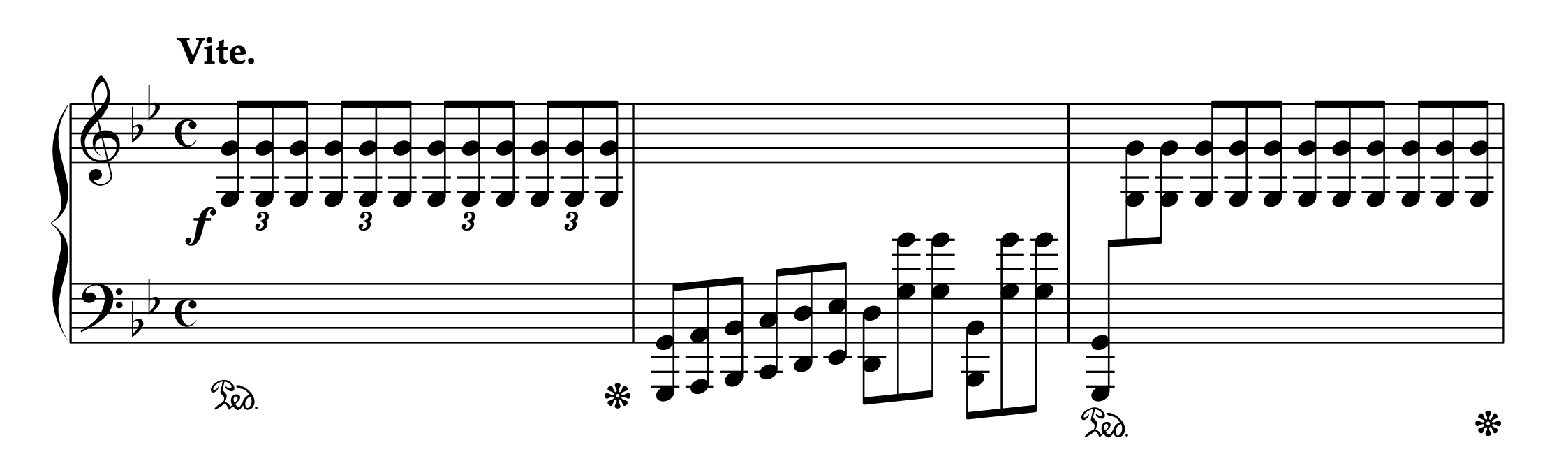シューベルト作曲、ジチー編曲「魔王」1–3小節の楽譜