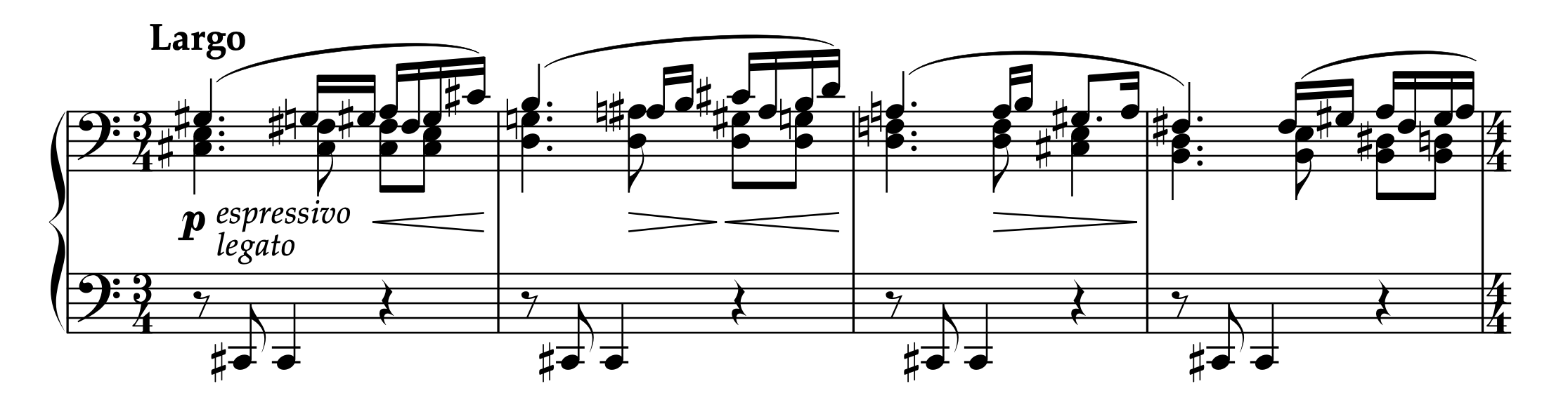 ヘッファー「12のピアノ小品 より 左手のための2つの練習曲 第1番 Largo」1-4小節