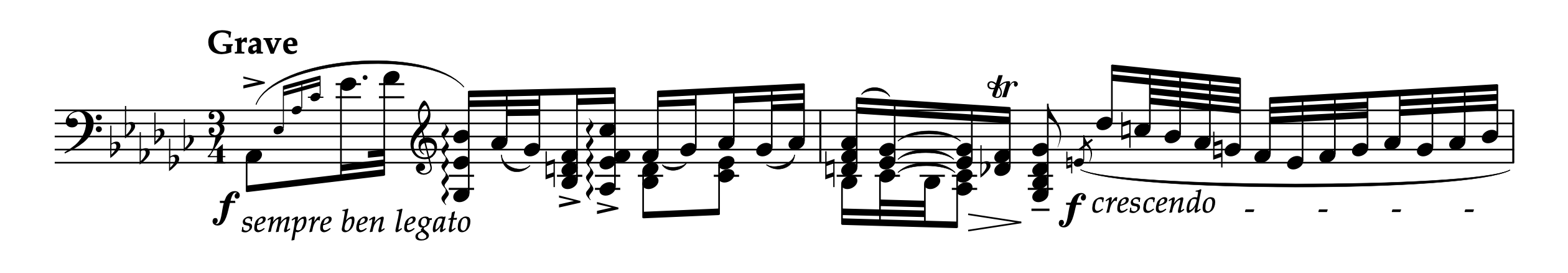 レーガー「左手のための4つの特別な練習曲 より 4.前奏曲とフーガ  前奏曲」1-2小節