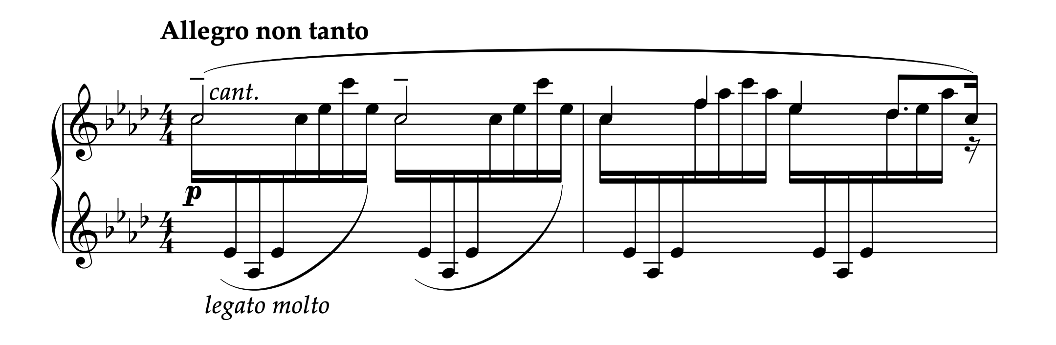 ブルーメンフェルド「左手のための練習曲 Op.36」冒頭部分の楽譜。タールベルク的奏法も含む左手独奏作品。