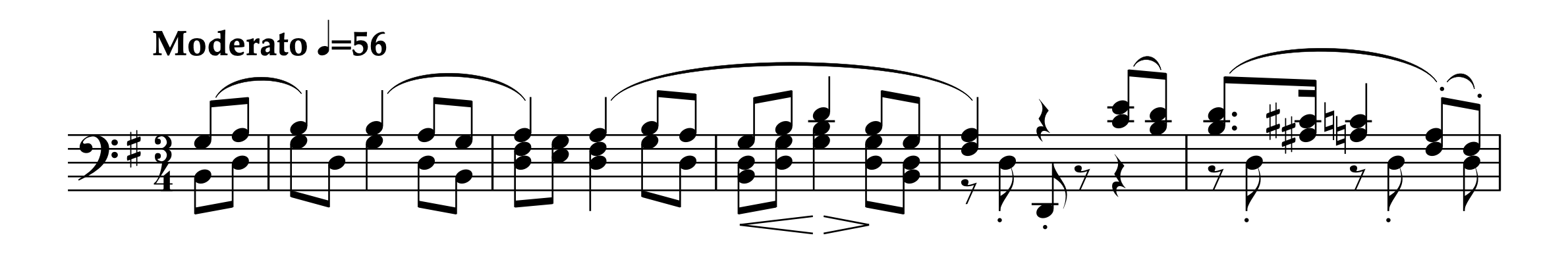 ケーラー「Three Folk Songs for the left hand」の曲頭の楽譜。