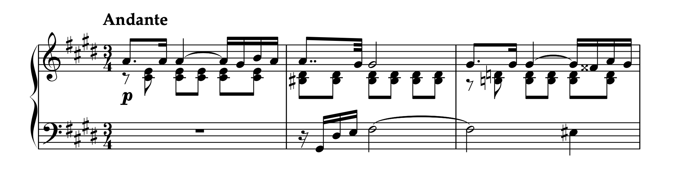 スクリャービン「左手のための2つの小品 Op.9-1」の曲頭の楽譜。