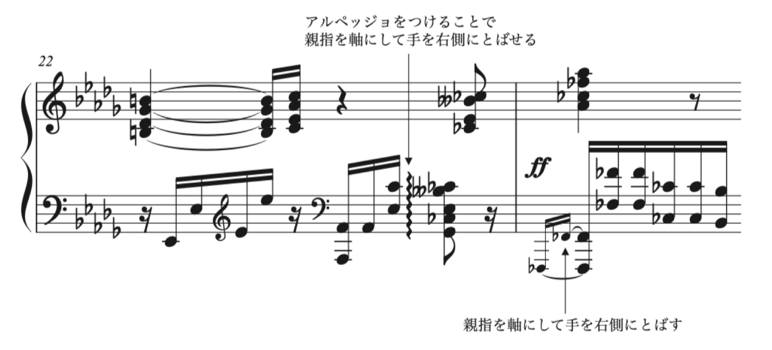 スクリャービン作曲「左手のための2つの小品 第2番 ノクターン Op.9-2」の22小節目から23小節目の楽譜。