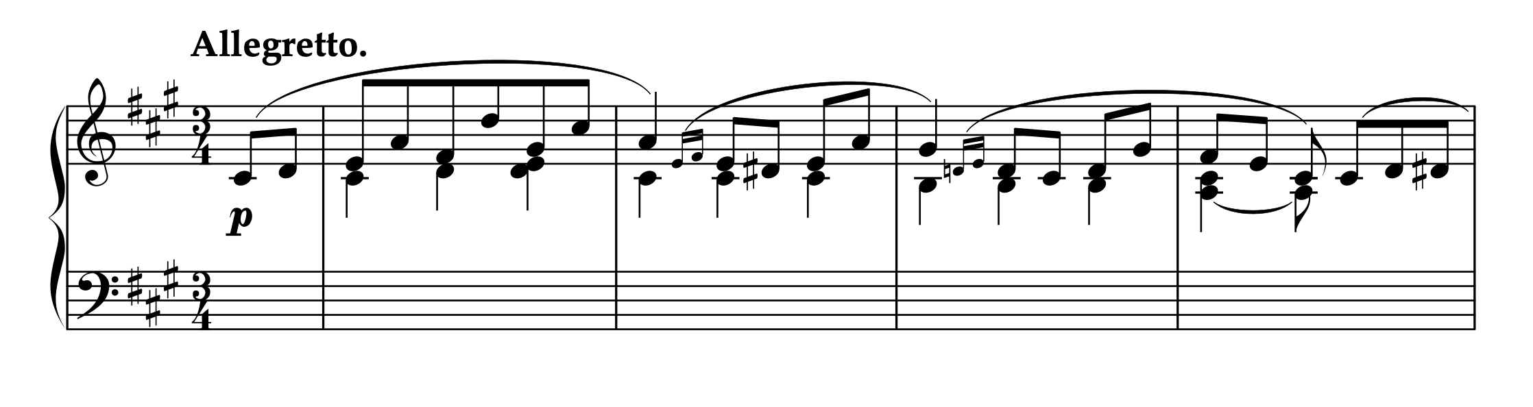 ビルケダル=バルフォド「左手のための練習曲集 より 第5曲 ドイツ風ワルツ」1-4小節