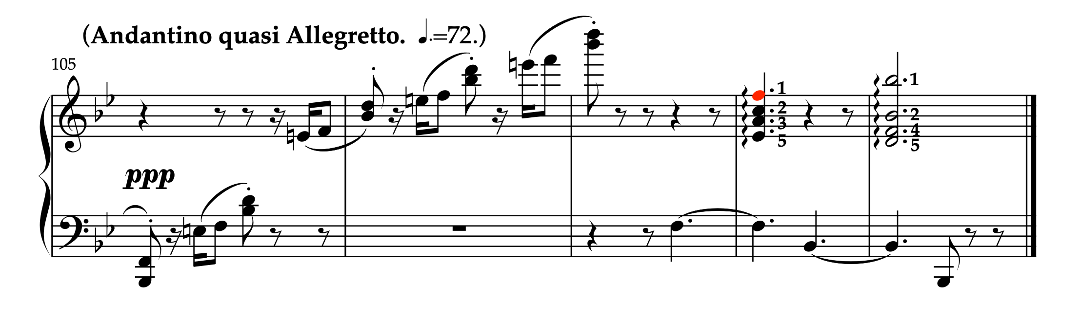 ヴィンディング「ピアノのための3つの小品 Op.27（左手のための）より 第2曲 カンツォネッタ」105-109小節